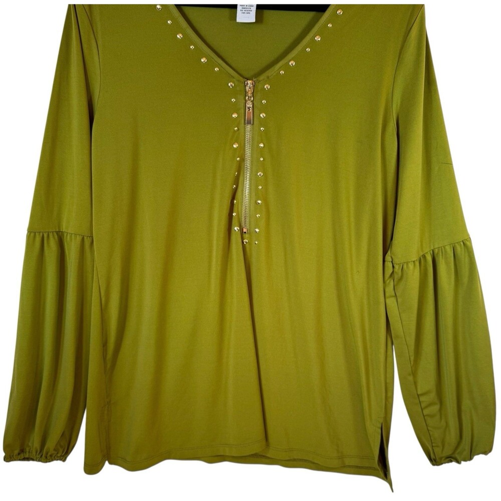 CARMEN MARC VALVO Blouse Top XL Olive Green Long Sleeve‎ V-Neck Zipper - Picture 2 of 8